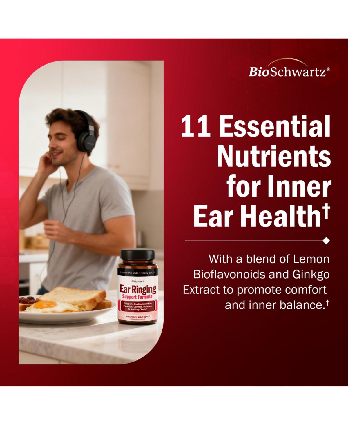 BioSchwartz Ear Support Formula with Vitamins C, D, B1 and Lemon Bioflavonoid Complex, 90 Capsules