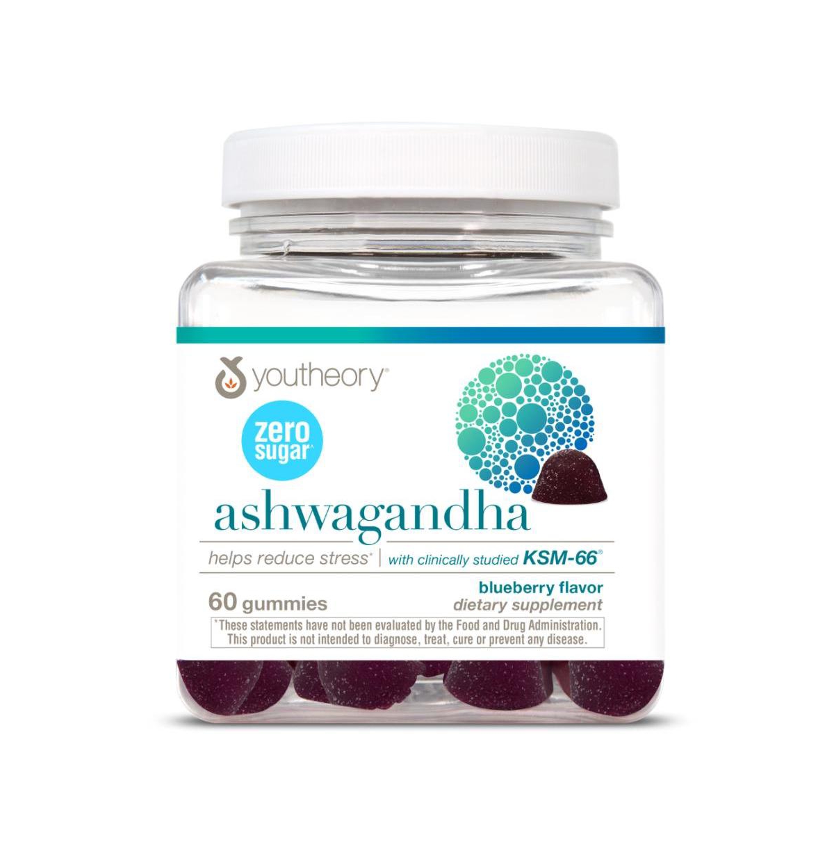 Youtheory Ashwagandha Gummies Ksm 66 Stress Relief and Energy Support Helps Support Mood Sugar Free Blueberry 60 Gummies