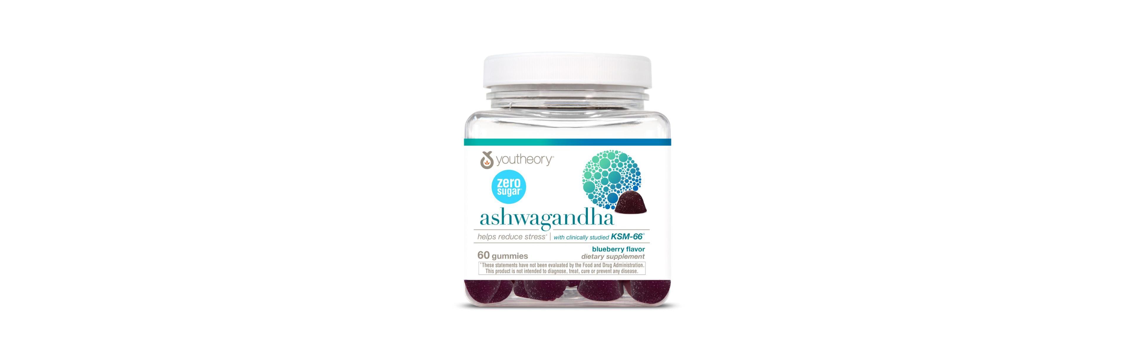 Youtheory Ashwagandha Gummies Ksm 66 Stress Relief and Energy Support Helps Support Mood Sugar Free Blueberry 60 Gummies