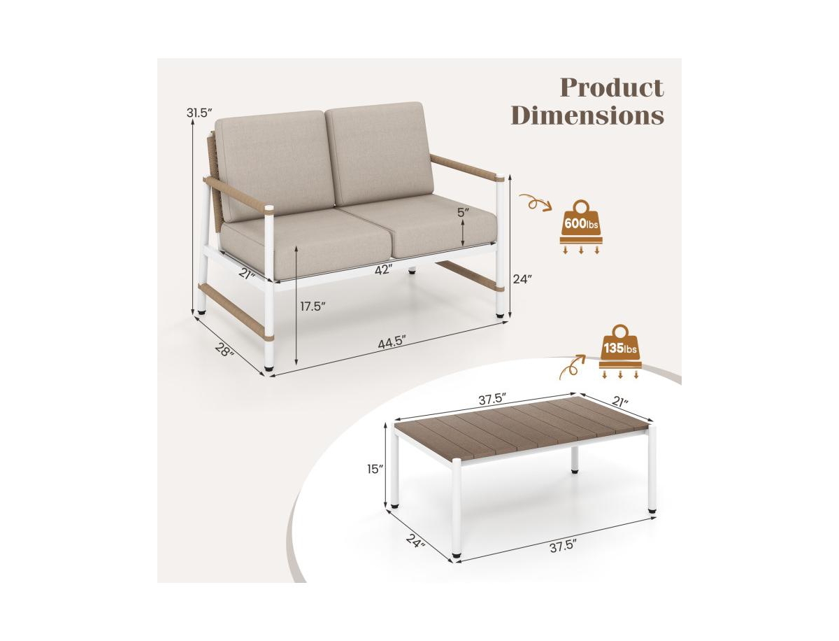 Boyel Living Patio Loveseat Sofa with Coffee Table Set with Thick Cushions