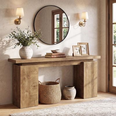 63-Inch Entryway Table, Narrow Console Table, Light Brown