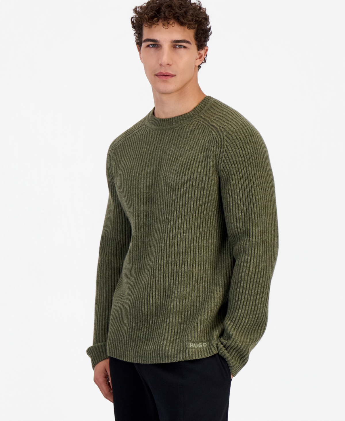 Hugo Boss Men's San Caleb Ribbed Crewneck Regular-Fit Wool-Blend Sweater - GREEN