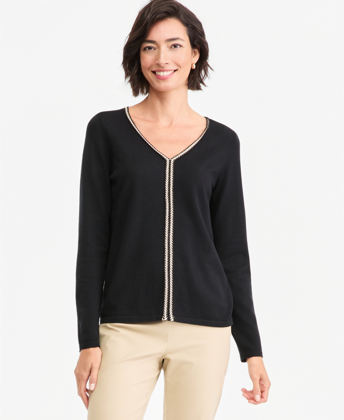 Jm Collection Women's Braided Lurex Trim V-Neck Long-Sleeve Pullover, Macy's Exclusive - Deep Black