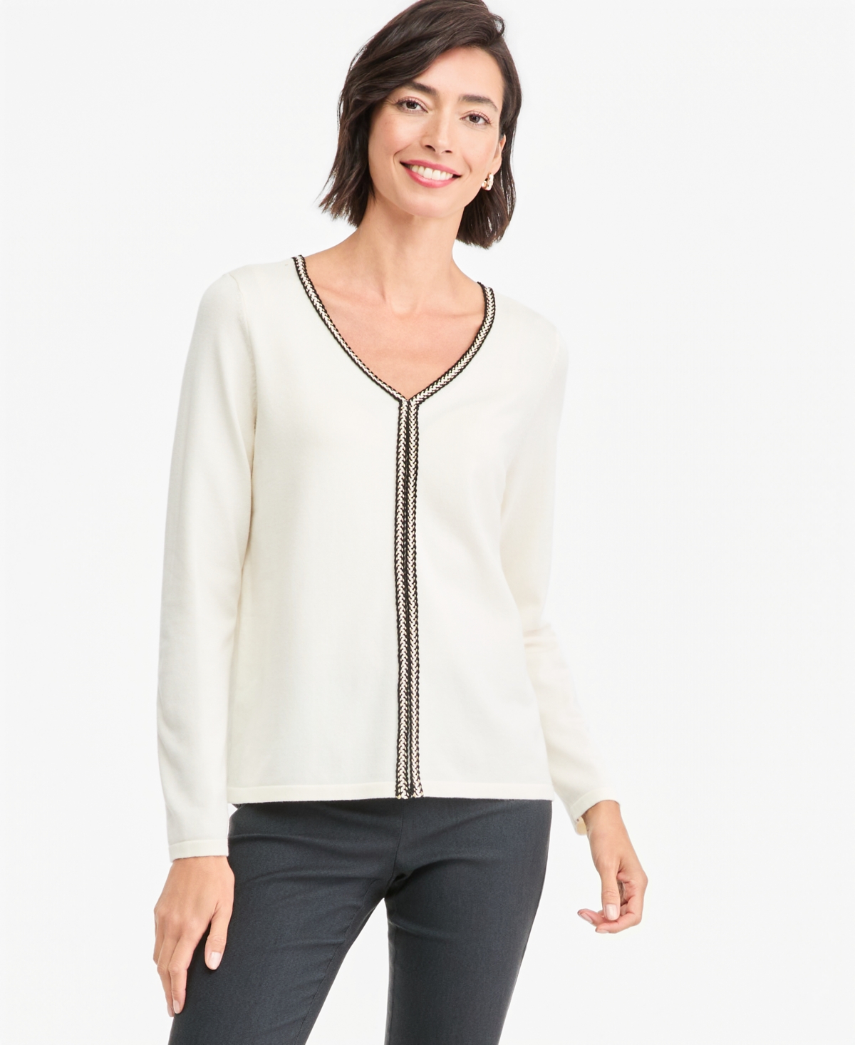 Jm Collection Women's Braided Lurex Trim V-Neck Long-Sleeve Pullover, Macy's Exclusive - Bright Ivory