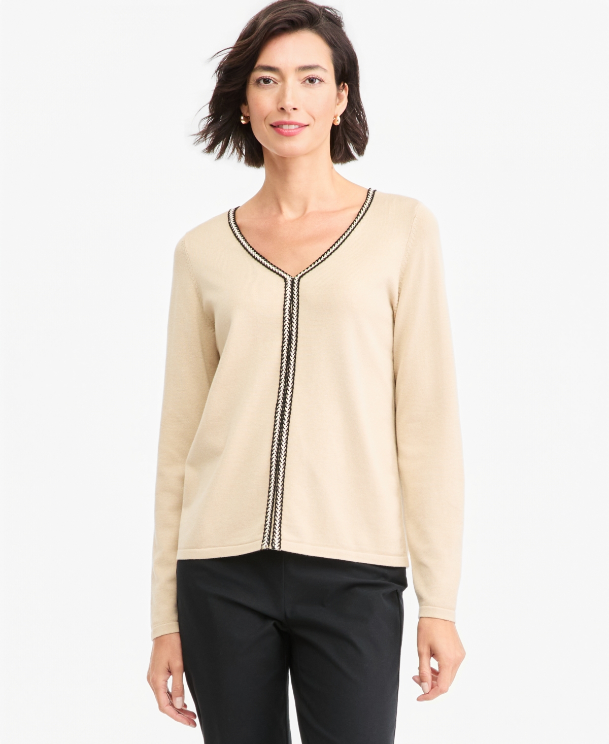 Jm Collection Women's Braided Lurex Trim V-Neck Long-Sleeve Pullover, Macy's Exclusive - Coffee Cake