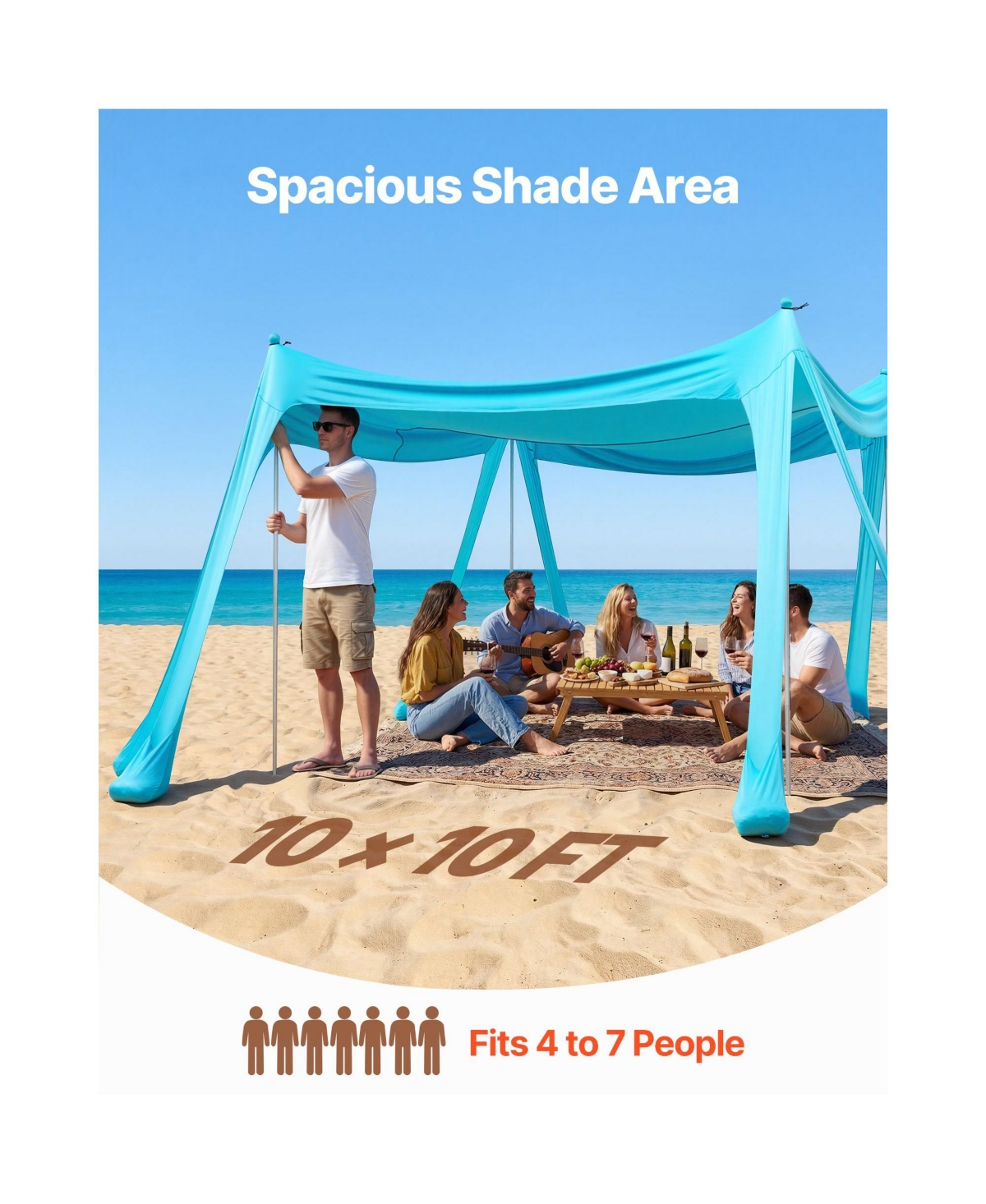 Mountaintop Beach Tent Sun Shelter, UPF50+ Green Pop-Up Canopy, 6.6ft Tall, 10x10ft, Sandbags, Poles and Shovels for Camping and Beach Fishing