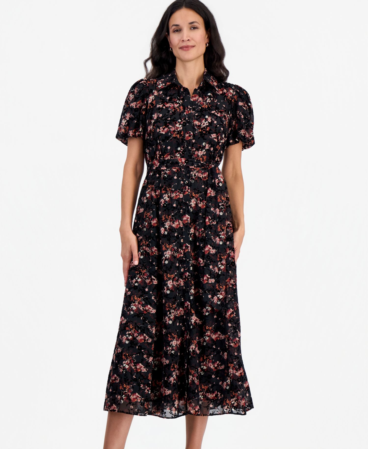 Petite Puff-Sleeve Floral Midi Shirt Dress