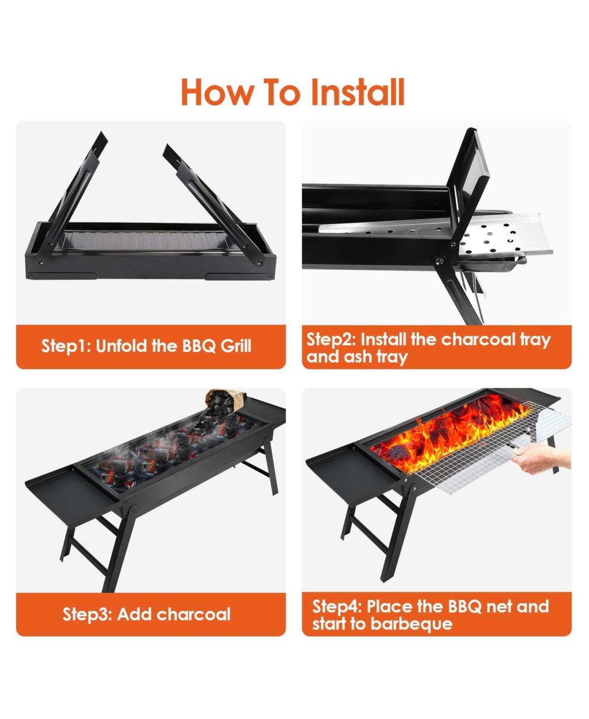 Mountaintop Foldable Charcoal Bbq Grill, w/ Shelf and Stainless Steel Net, Easy Setup, Portable Tabletop, for Camping, Picnic, Outdoor Party, Backyard