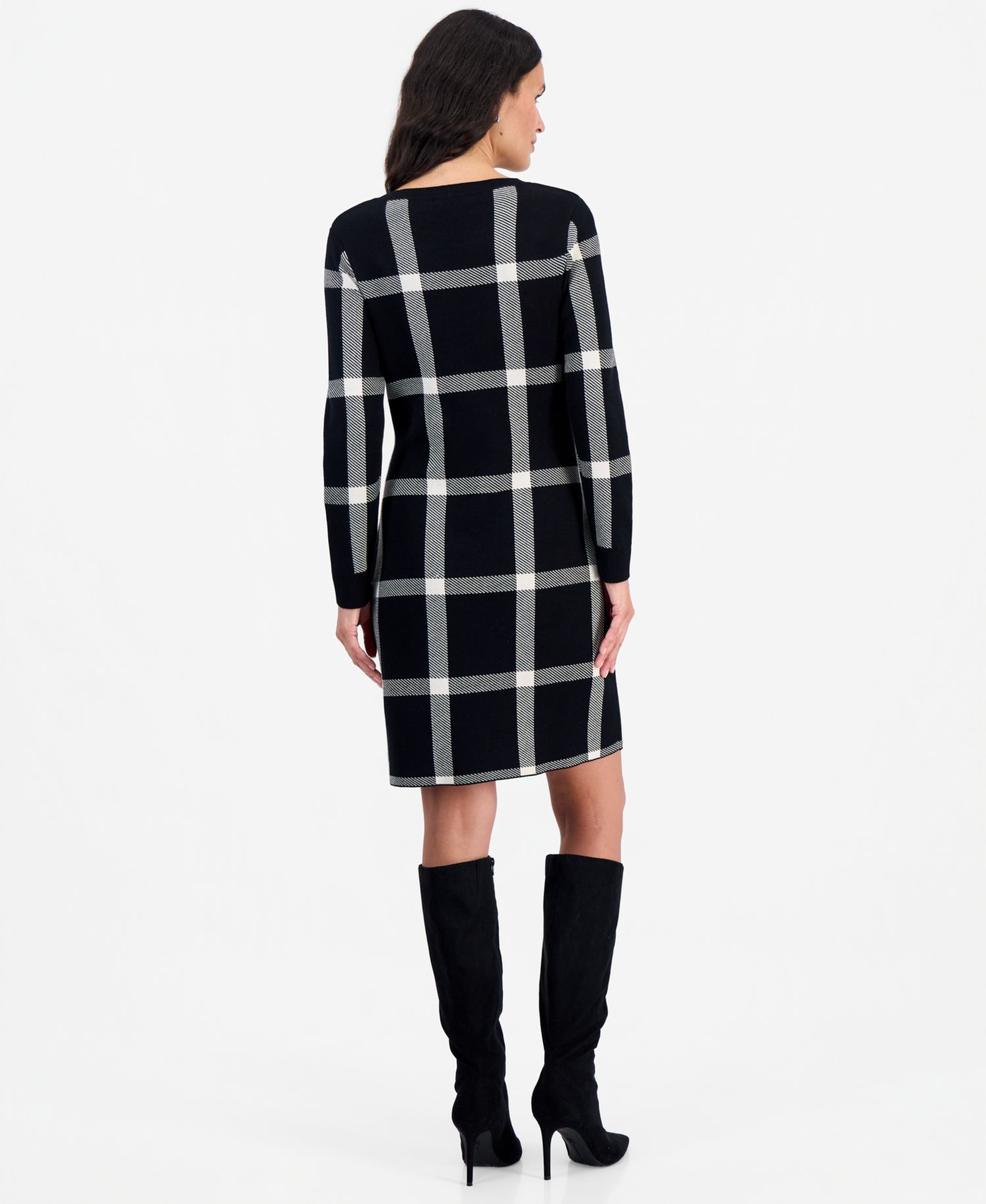 Petite Plaid Long-Sleeve Scoop Neck Sweater Dress