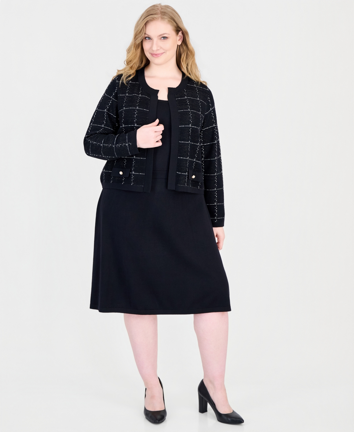 Sandra Darren Plus Size Scoop Neck Long Sleeve Jacket Sweater Dress In Black,white