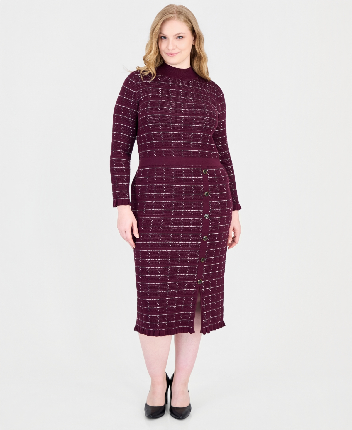 Sandra Darren Plus Size Checkered-knit Sweater Dress In Plum