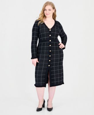 Plus Size Plaid Button-Front V-Neck Midi Sweater Dress