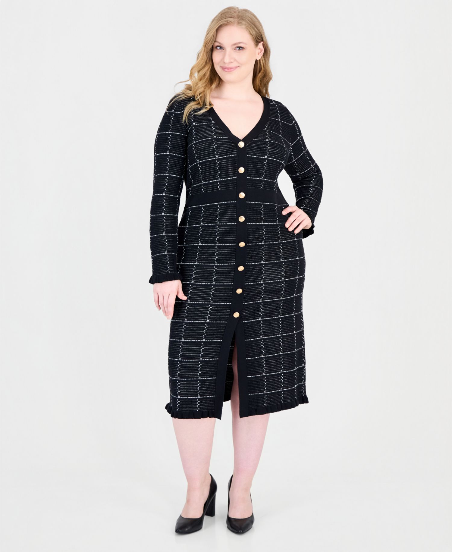 Plus Size Plaid Button-Front V-Neck Midi Sweater Dress