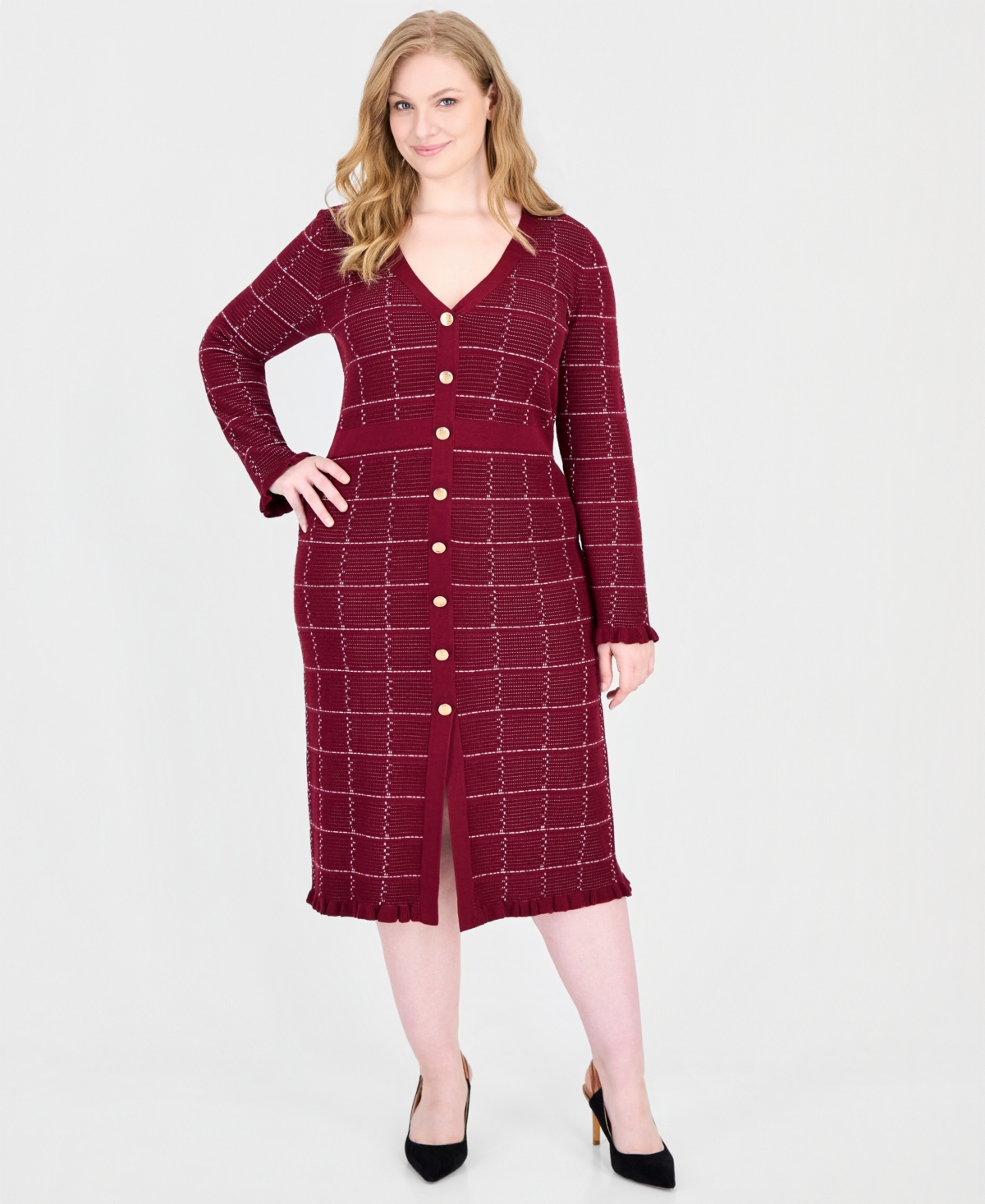 Sandra Darren Plus Size Plaid Button-front V-neck Midi Sweater Dress In Wine