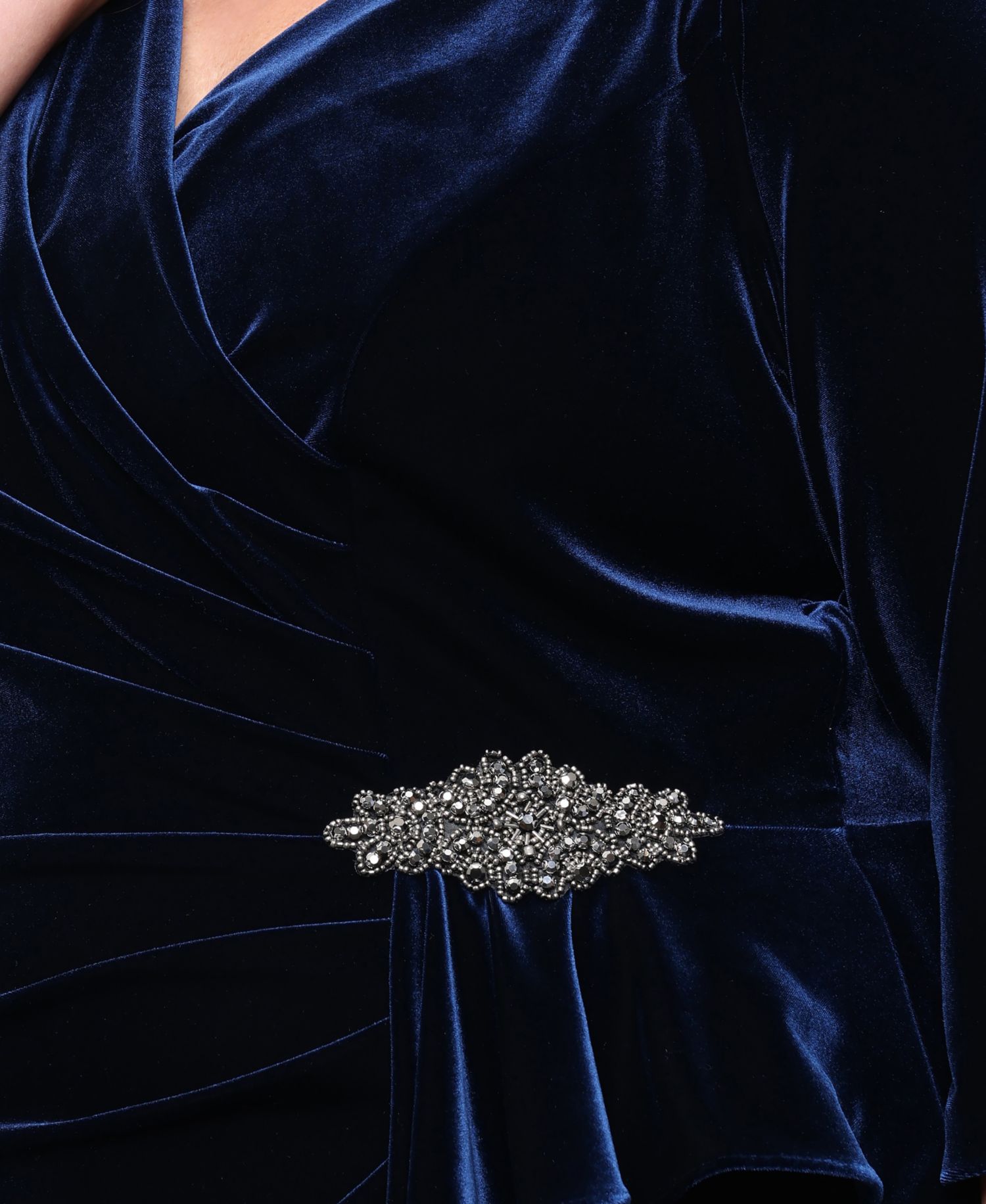 Plus Size Stretch Velvet Surplice Embellished-Cascade Gown
