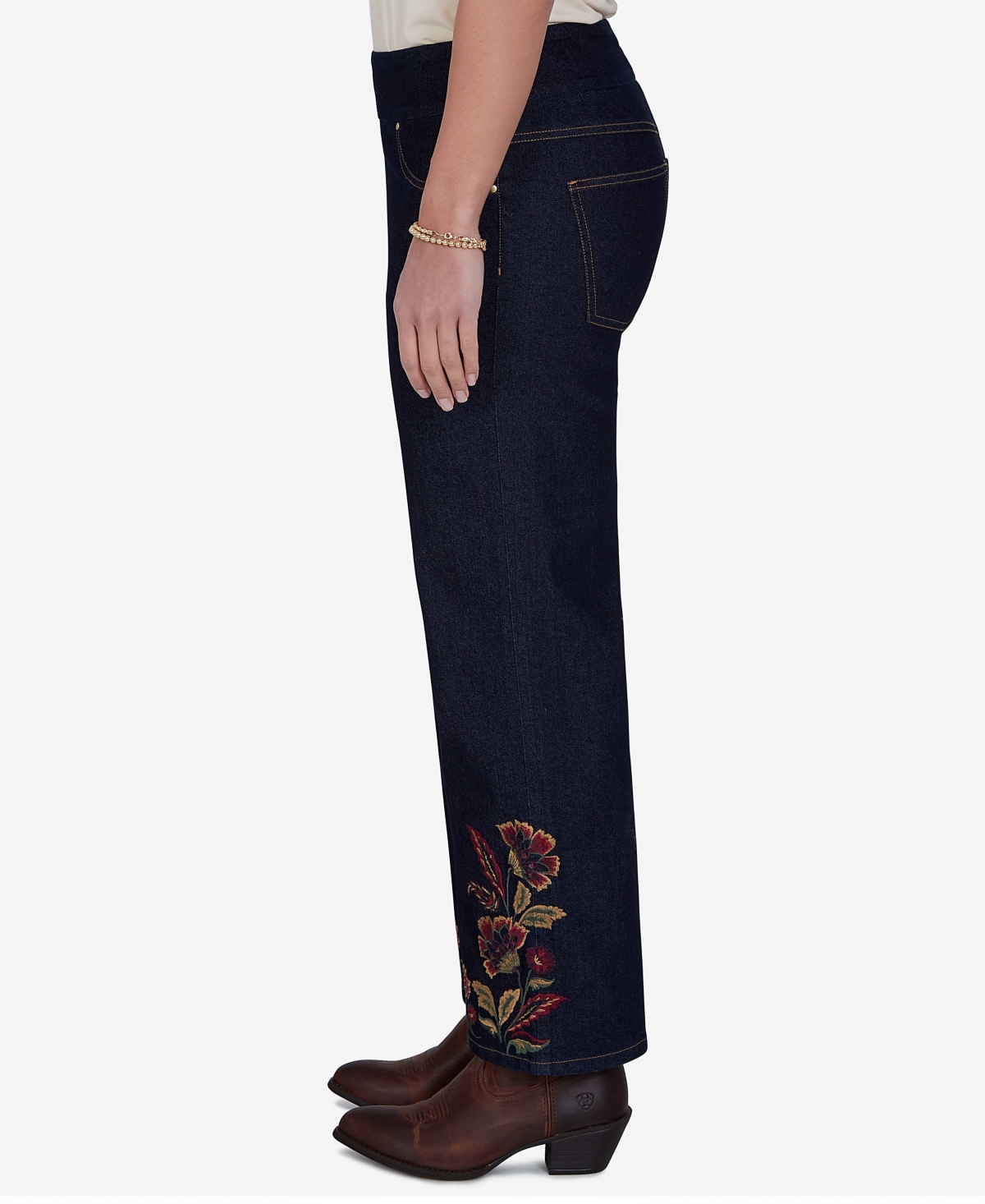 Ruby Rd. Petite Pull-on Wide-leg Embroidered Denim Pants In Blue
