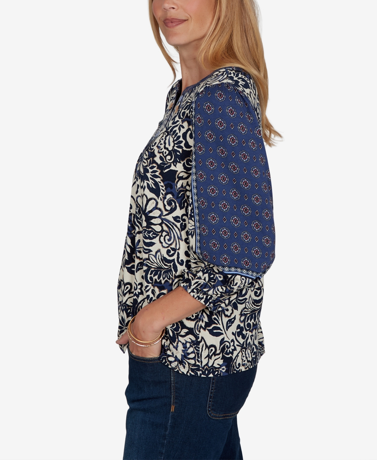 Ruby Rd. Petite Foliage Henley 3/4-sleeve Floral-print Blouse In Blue
