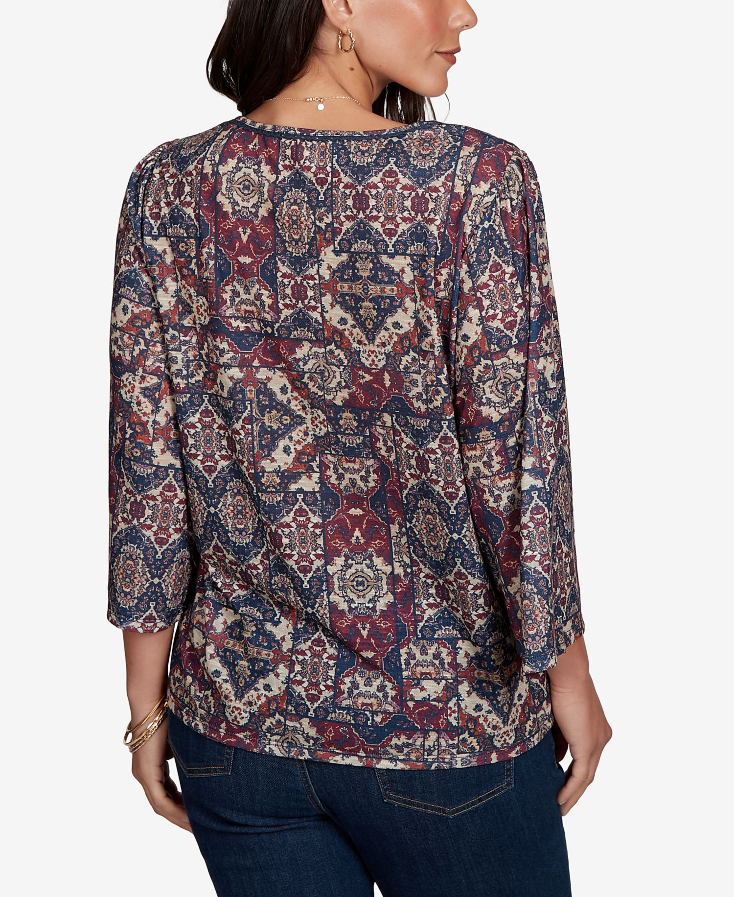 Petite Patchwork 3/4-Sleeve Henley Blouse