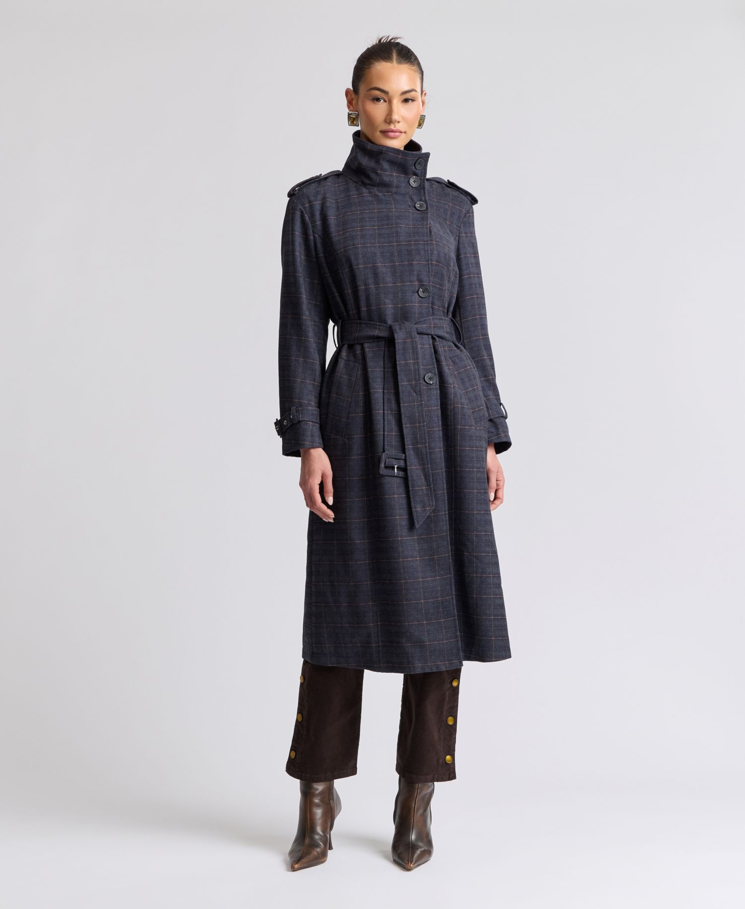 Women's Plaid Funnel Neck Belted Trench Coat