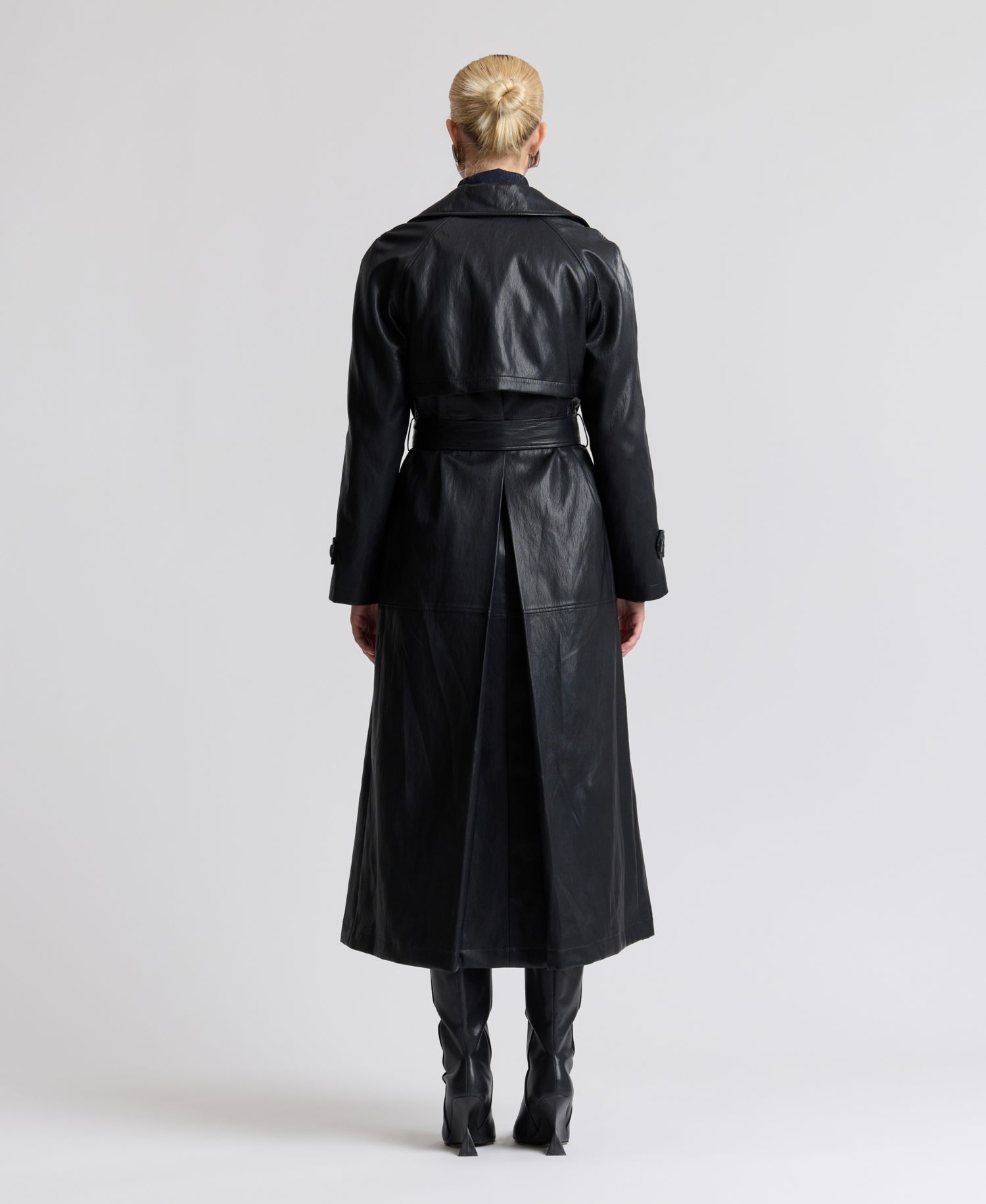 Women's Faux-Leather Belted Raglan-Sleeve Trench Coat
