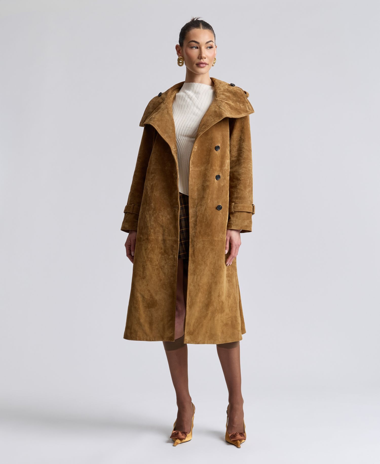 Women's Funnel-Neck Suede Oversized Trench Coat