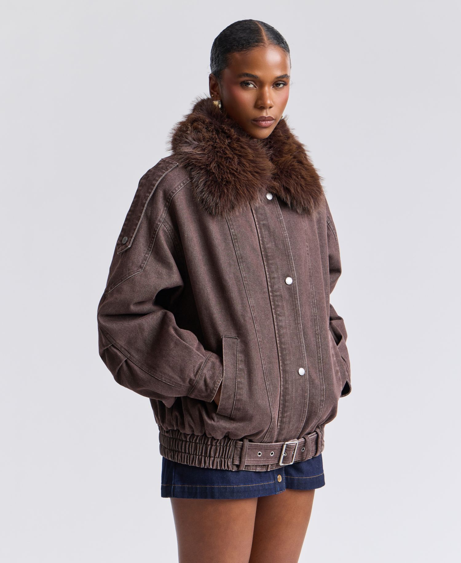 Women's Oversized-Fit Detachable Faux Fur Collar Bomber Coat