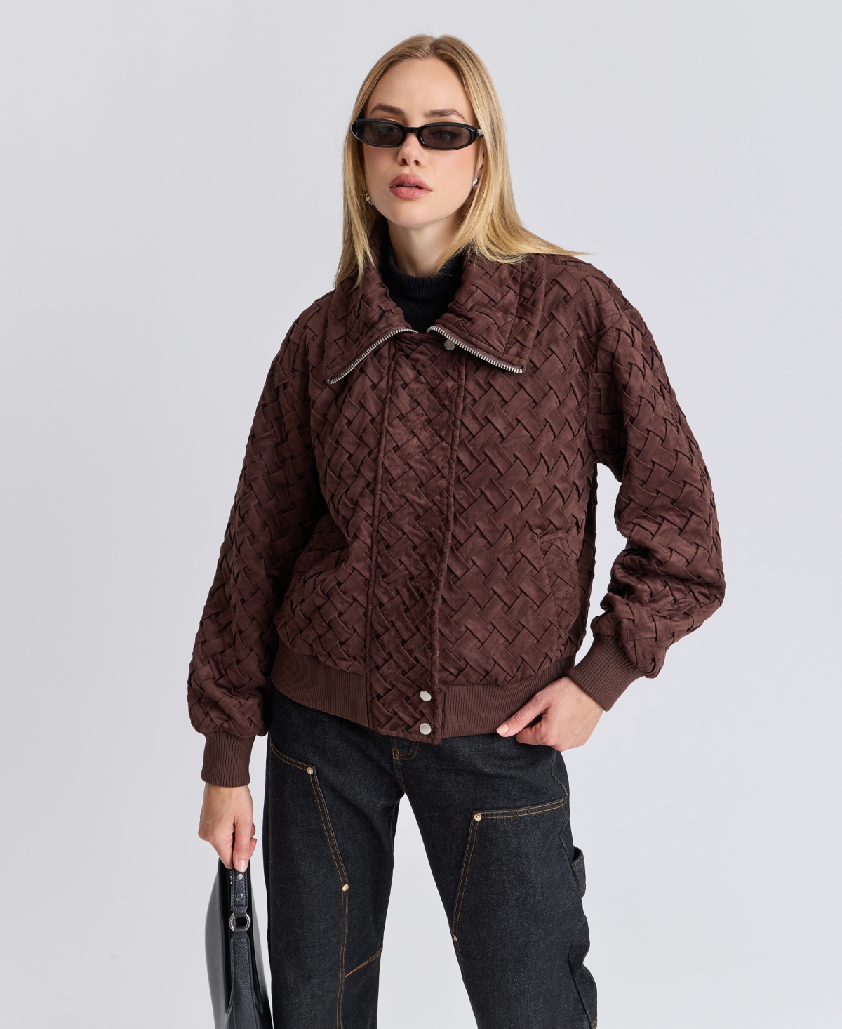 Avec Les Filles Women's Oversized Basketweave Faux Suede Bomber Coat