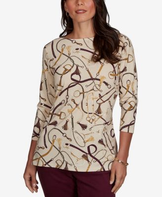 Petite Boat Neck 3/4-Sleeve Equestrian Print Blouse