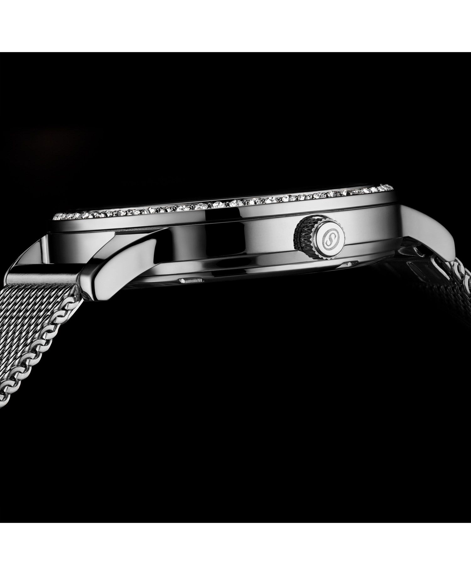 Women's Quartz Crystal Studded Silver Case and Silver Mesh Bracelet, Silver Hands and Markers Watch