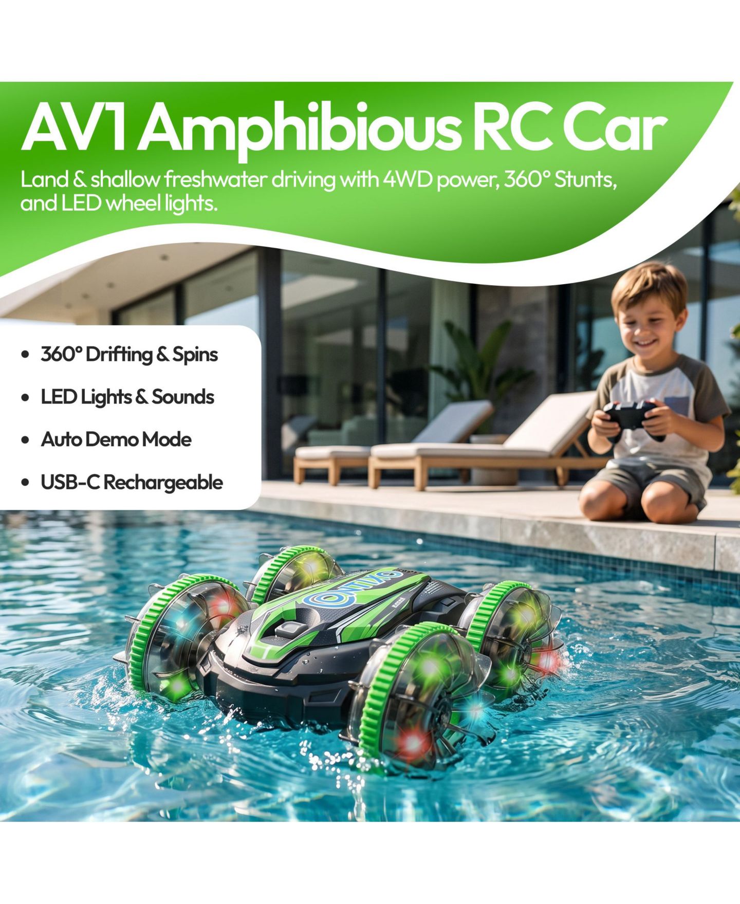 Детская игрушка Contixo AV1 4WD Amphibious RC Stunt Car with LED Lights, цвет: Зелёный — фото 4