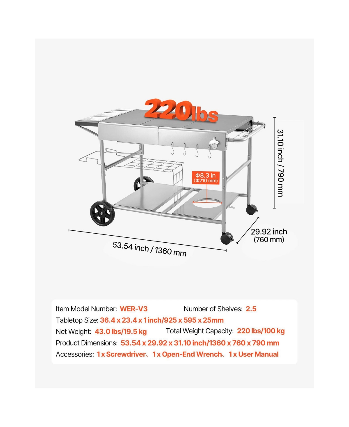 Mountaintop Outdoor Grill Cart, 36.4x23.4x1" Tabletop, Movable Cook Station 4 Spice Jars, Wheels, Lids, Hooks, for Picnic, Kitchen, Courtyard