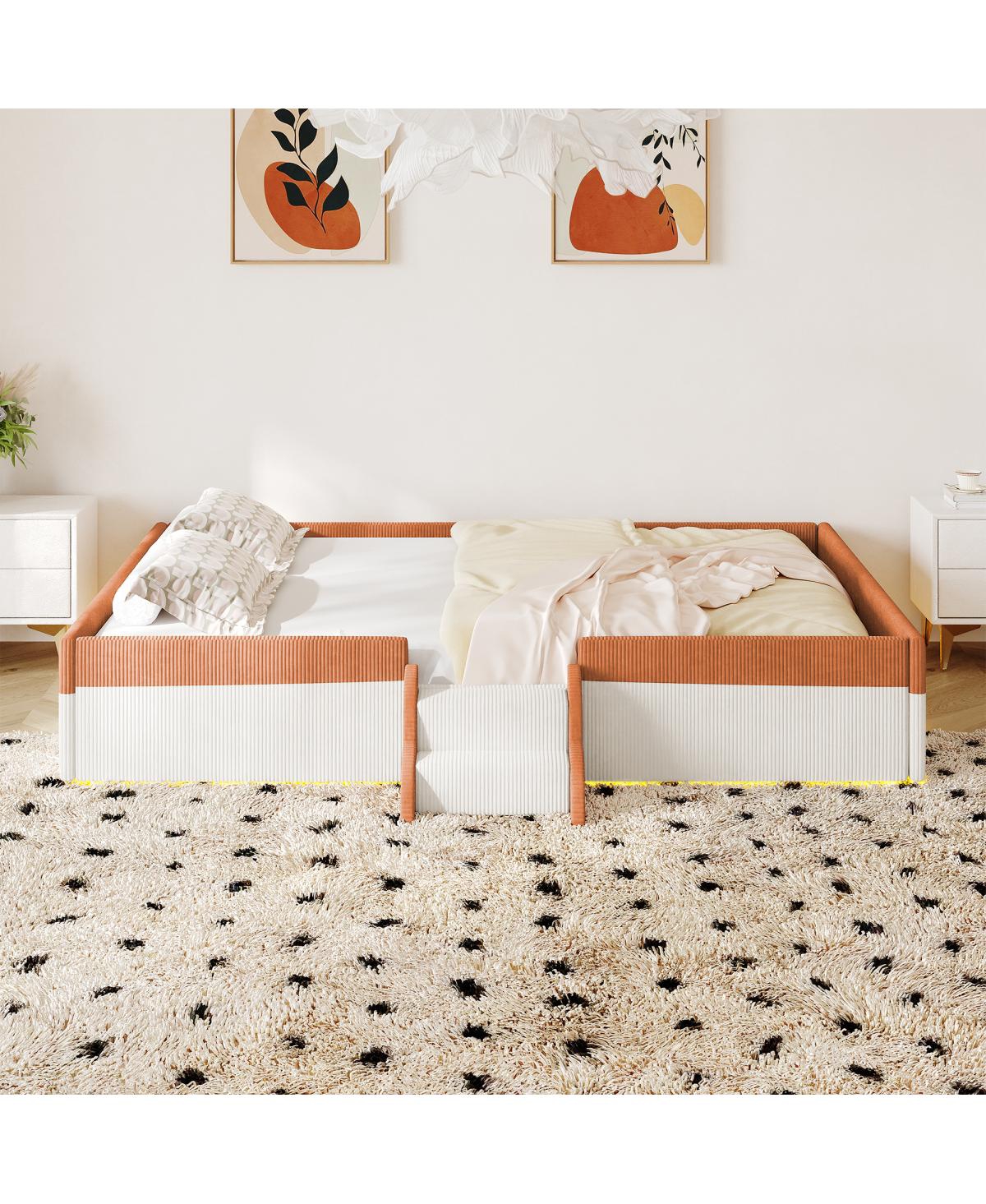 Streamdale Furniture Full Size Upholstered Floor Bed with Fence, Steps and Led Lights