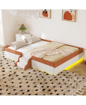 Full Size Upholstered Floor Bed with Fence, Steps and LED Lights