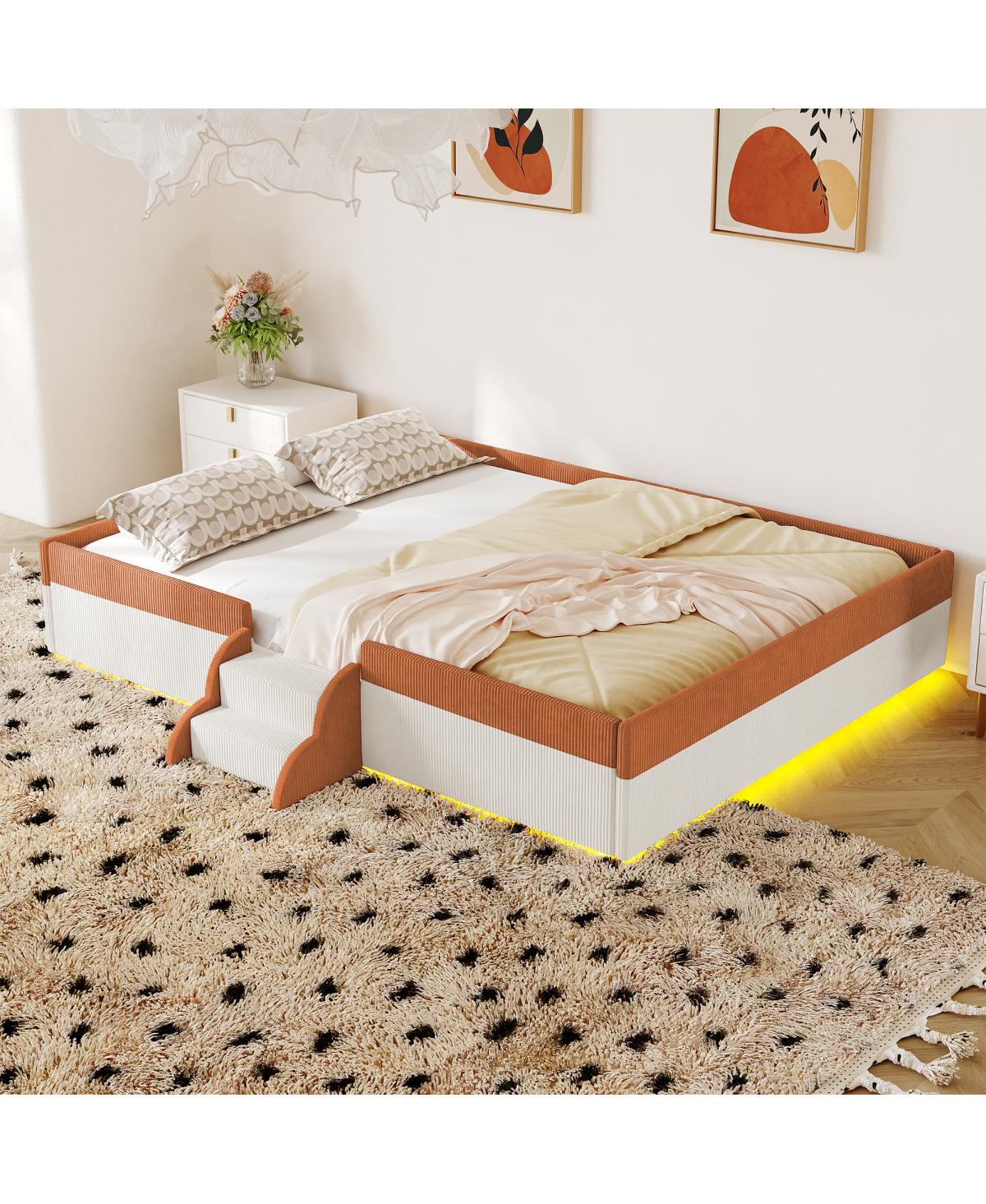 Streamdale Furniture Full Size Upholstered Floor Bed with Fence, Steps and Led Lights