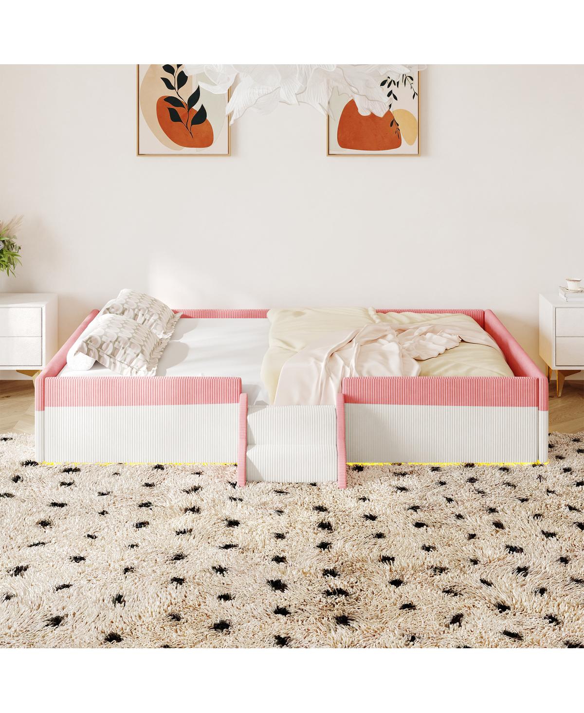 Streamdale Furniture Full Size Upholstered Floor Bed with Fence, Steps and Led Lights