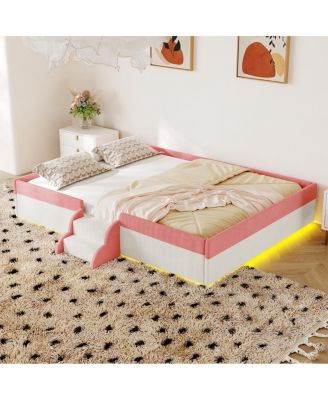 Full Size Upholstered Floor Bed with Fence, Steps and LED Lights
