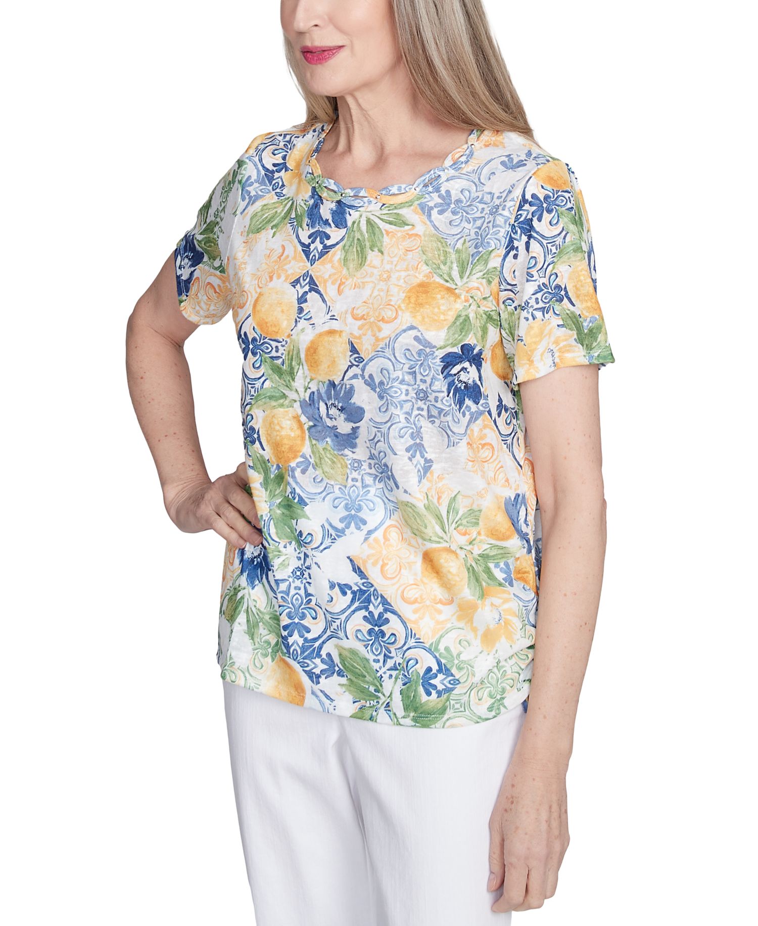 Women's Petite Knotted Ruched-Side Crewneck T-Shirt