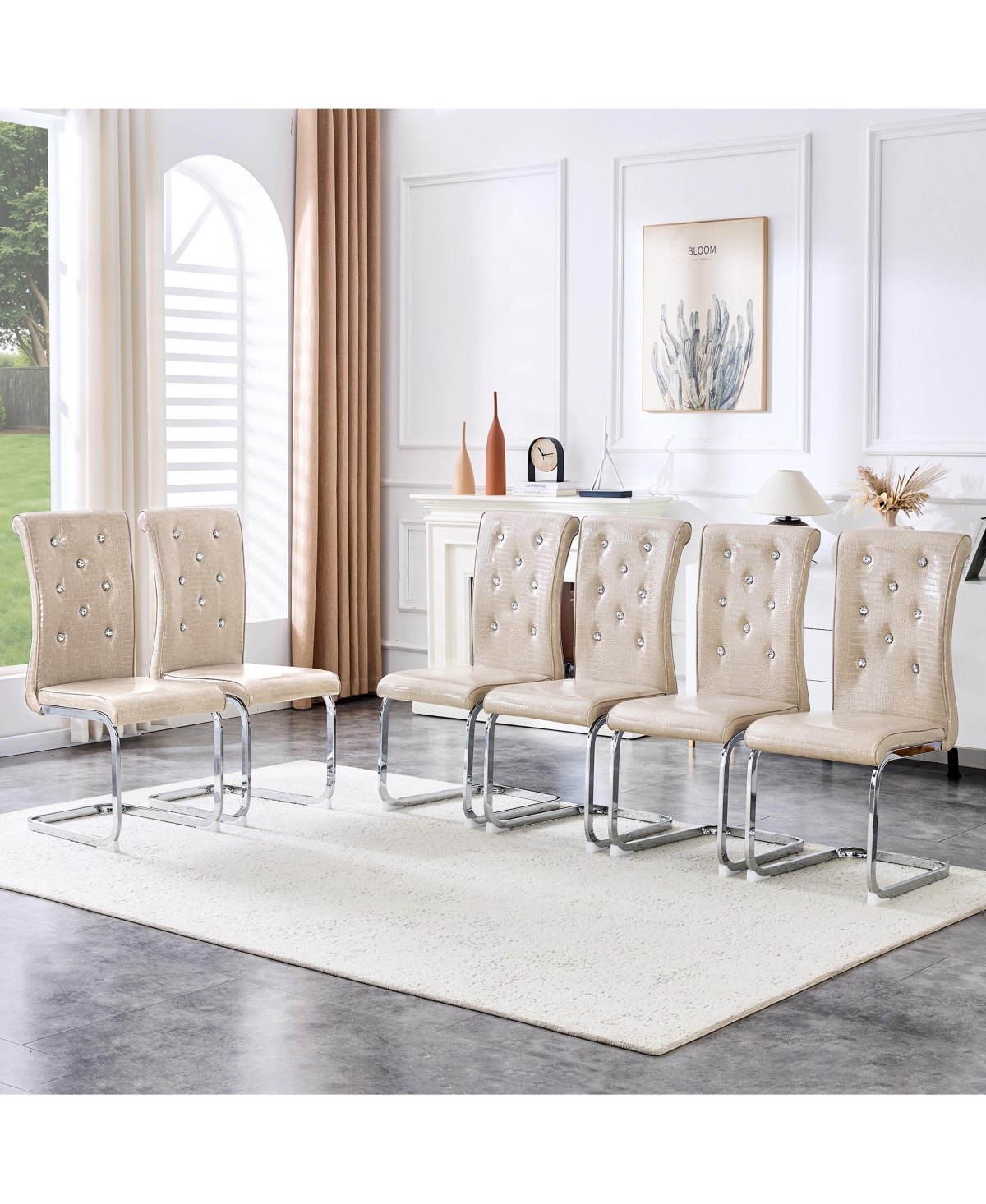 Flynama Set of 2 Retro Alligator Skin Pvc Dining Chairs, Crystal Buckle Chairs with Electroplated Metal Bow Legs