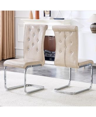 Set of 2 Retro Alligator Skin PVC Dining Chairs, Crystal Buckle Chairs with Electroplated Metal Bow Legs
