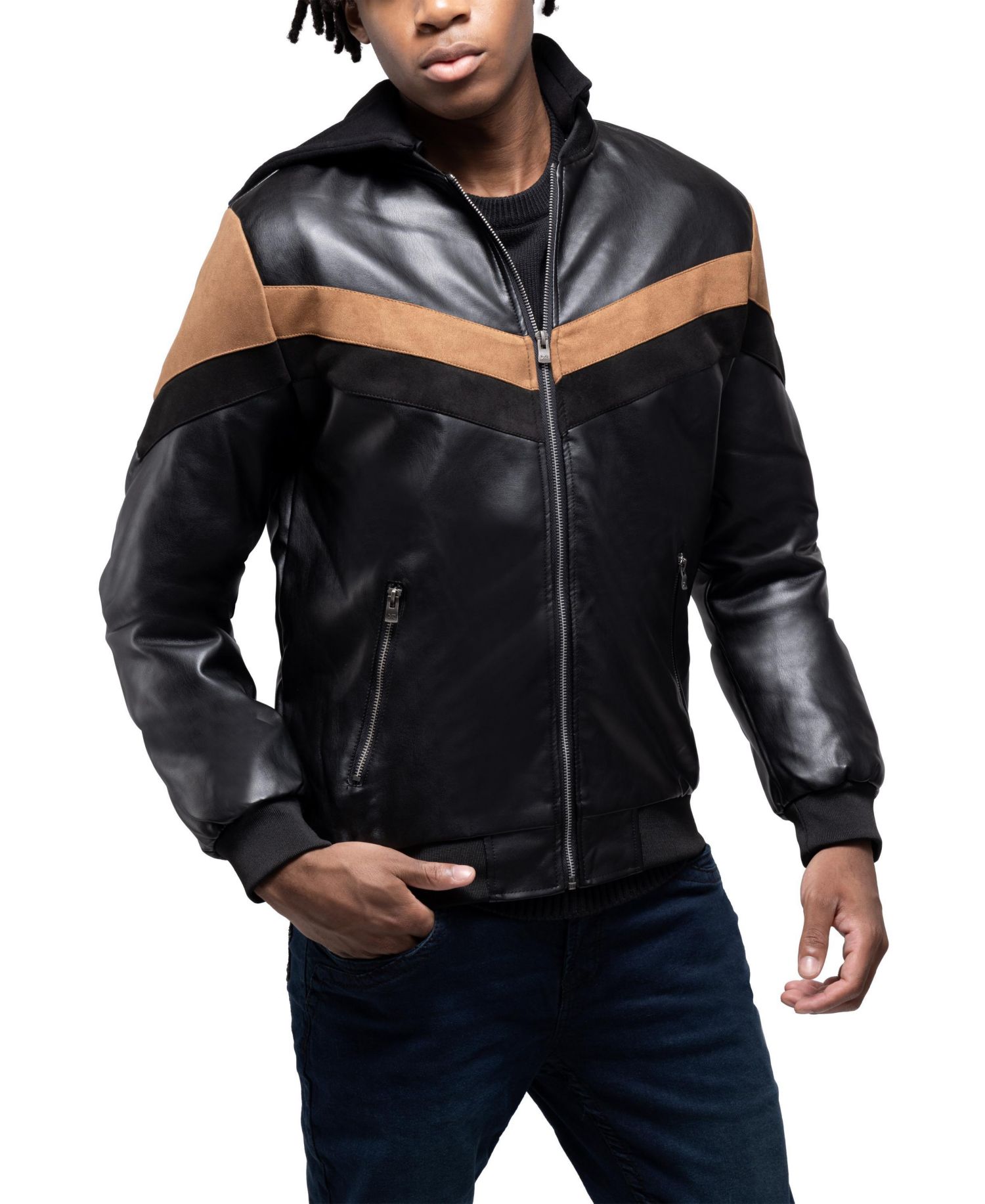 XRAY Men's Shiny PU Hooded Jacket With Faux Suede Detailing And Faux Shearling Lining