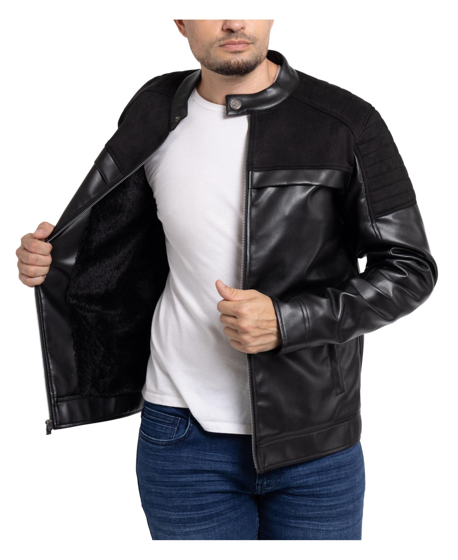 XRAY Men's Shiny PU Jacket With Faux Suede Detailing And Faux Shearling Lining