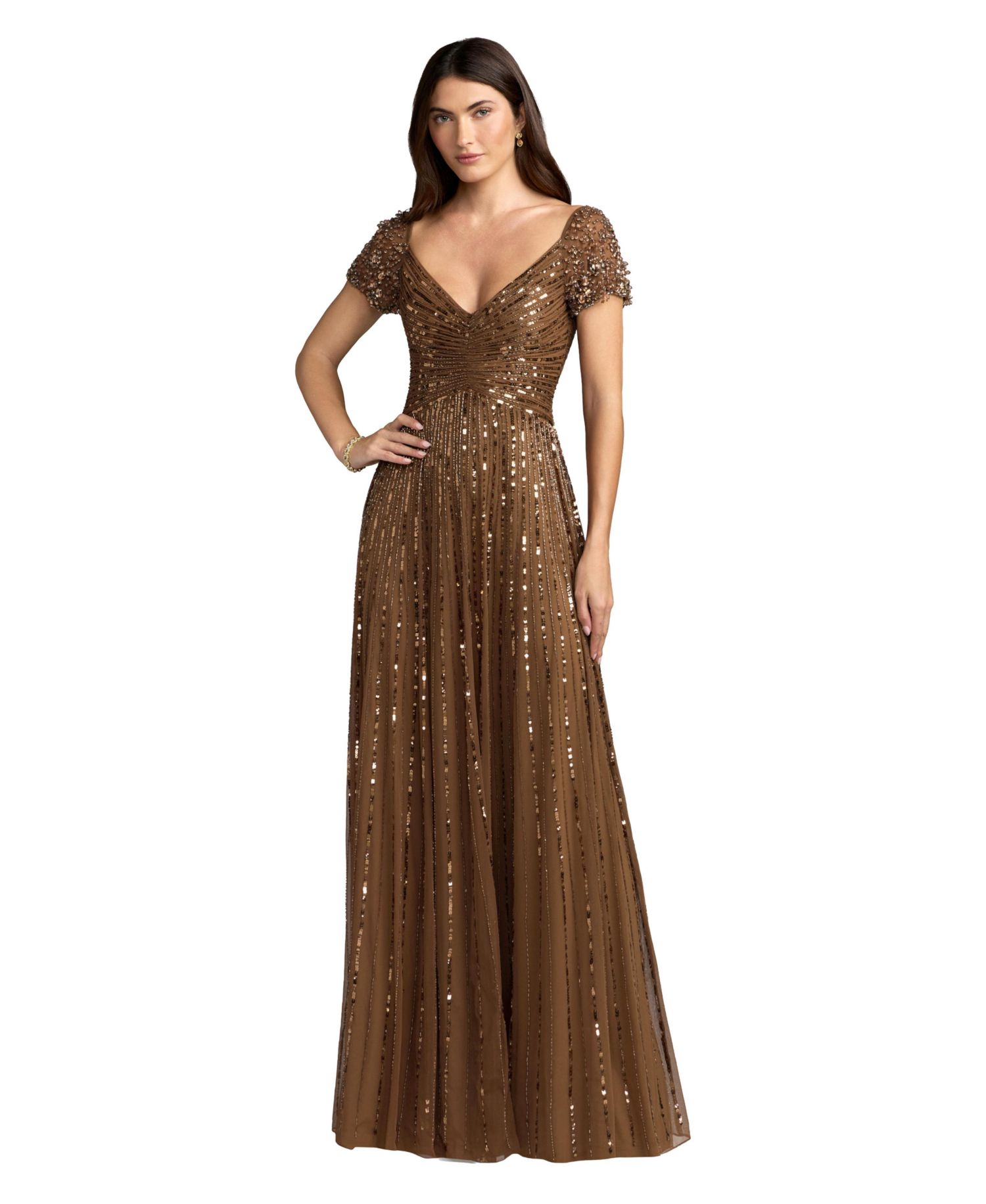 Women's Beaded Cap Sleeve V-Neck A-Line Evening Gown