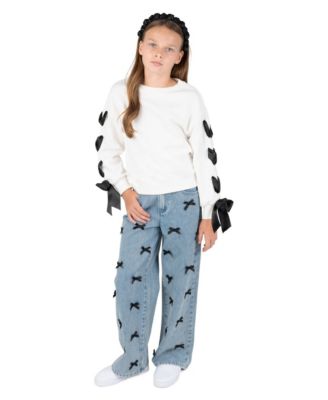 Girls' 7-12 Bow-Trim Sweatshirt and Bow-Embellished Wide-Leg Denim Pants, 2-Piece Set