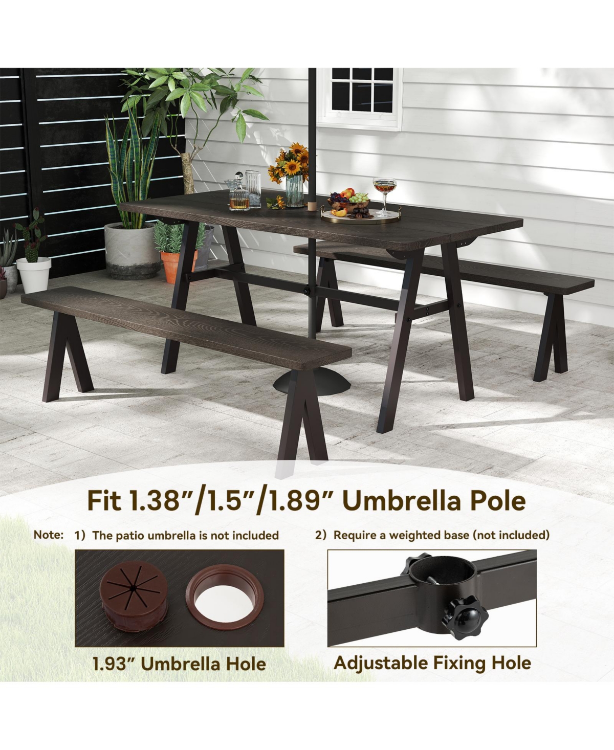 Gymax 3 Pieces Outdoor Picnic Table and Benches Set for 6 People 1.93'' Umbrella Hole