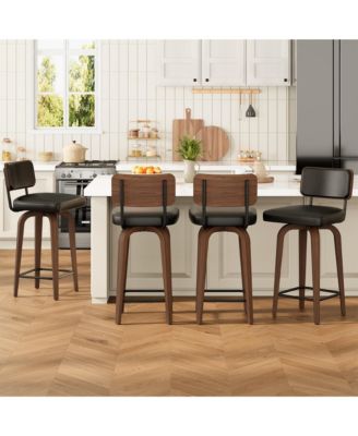Set of 4 Bar Stools 26" Counter Height Swivel Faux Leather Upholstered with Backrest and Walnut Wood Legs Mid Century for Kitchen Island Home Bar