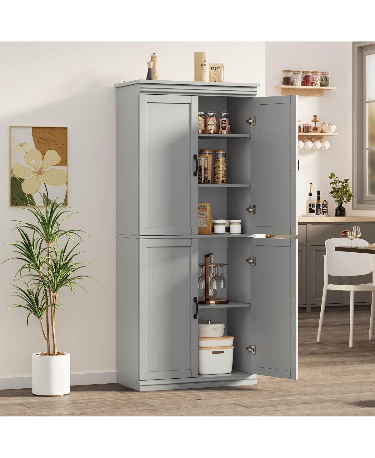 70" Gray Freestanding Pantry Cabinet with Adjustable Shelves and Doors, Tall Kitchen Storage