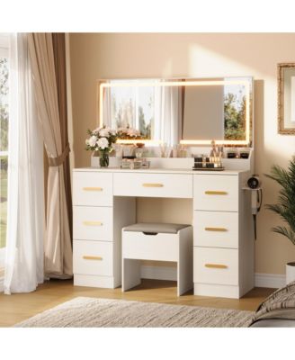 Makeup Vanity Desk with LED Lighted Mirror, Drawers, Cushioned Storage Stool, Built-in Charging Station, Dressing Table for Bedroom