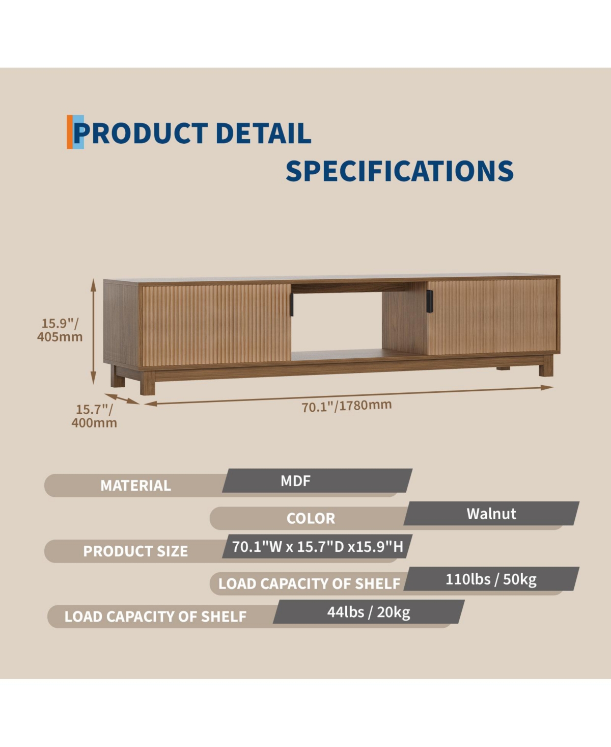 70" Fluted Mid-Century Tv Stand for TVs up to 80", Storage and Adjustable Shelves, Brown