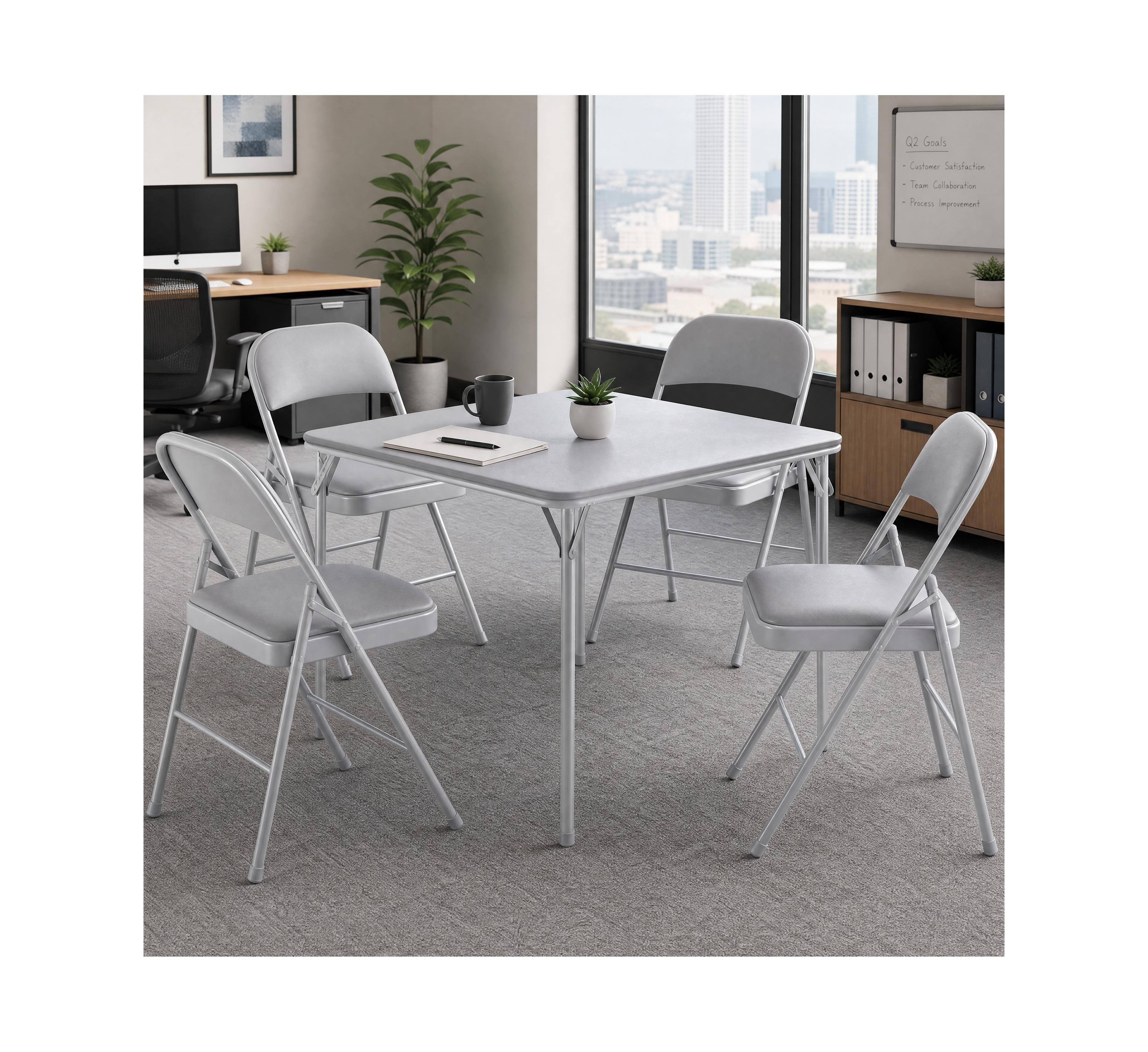 Folding Table Set 5 Piece Space Saving with Pu Collapsible Chairs Multi Functional Portable No Assembly for Dining Card Games Board Games Grey