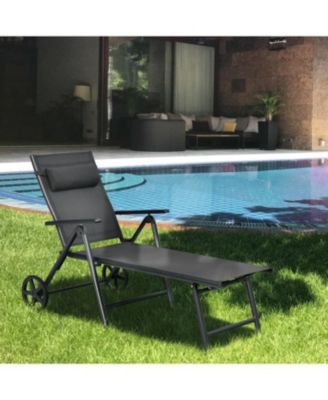 Patio Lounge Chair with Wheels Neck Pillow Aluminum Frame Adjustable